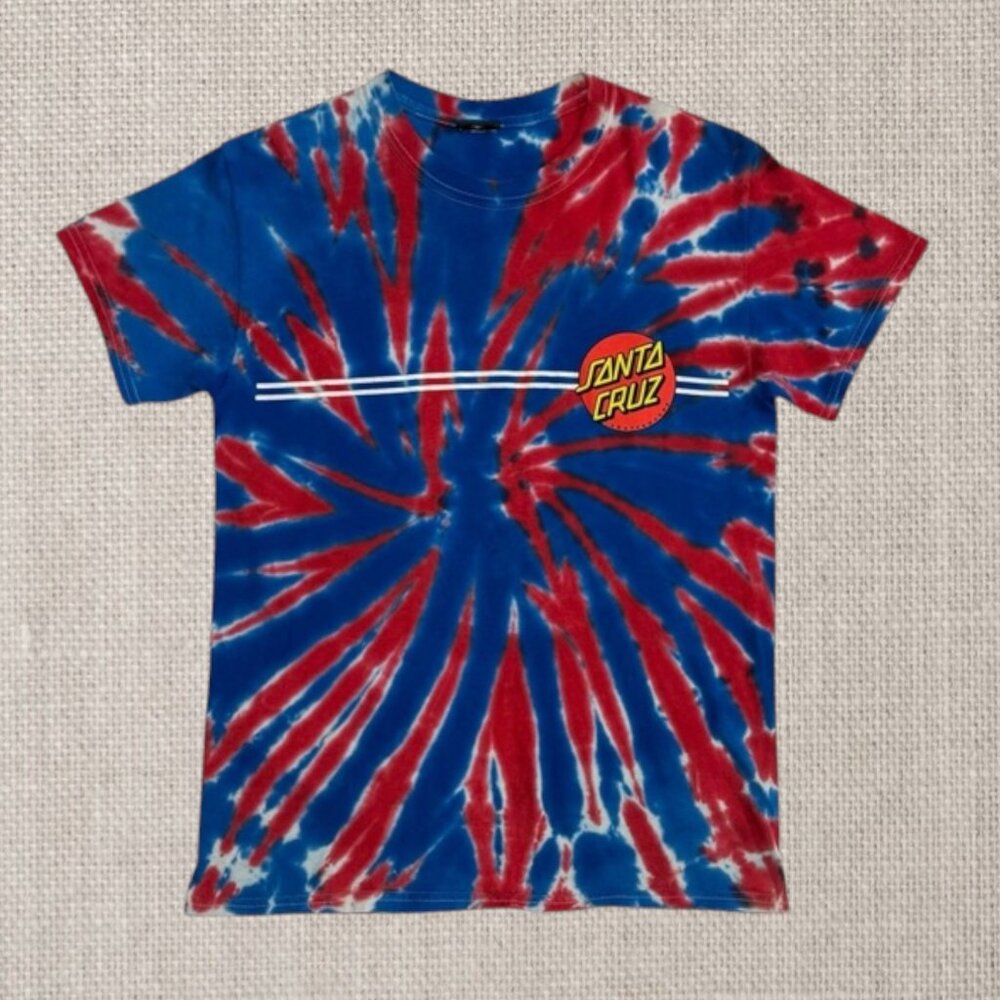 Vintage Y2K Santa Cruz Skateboards Red White Blue Tie Dye Graphic T-Shirt Tee SM
